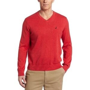 Nautica Men's V-Neck‎ Sweater Medium Red 100% Cotton Casual Classic